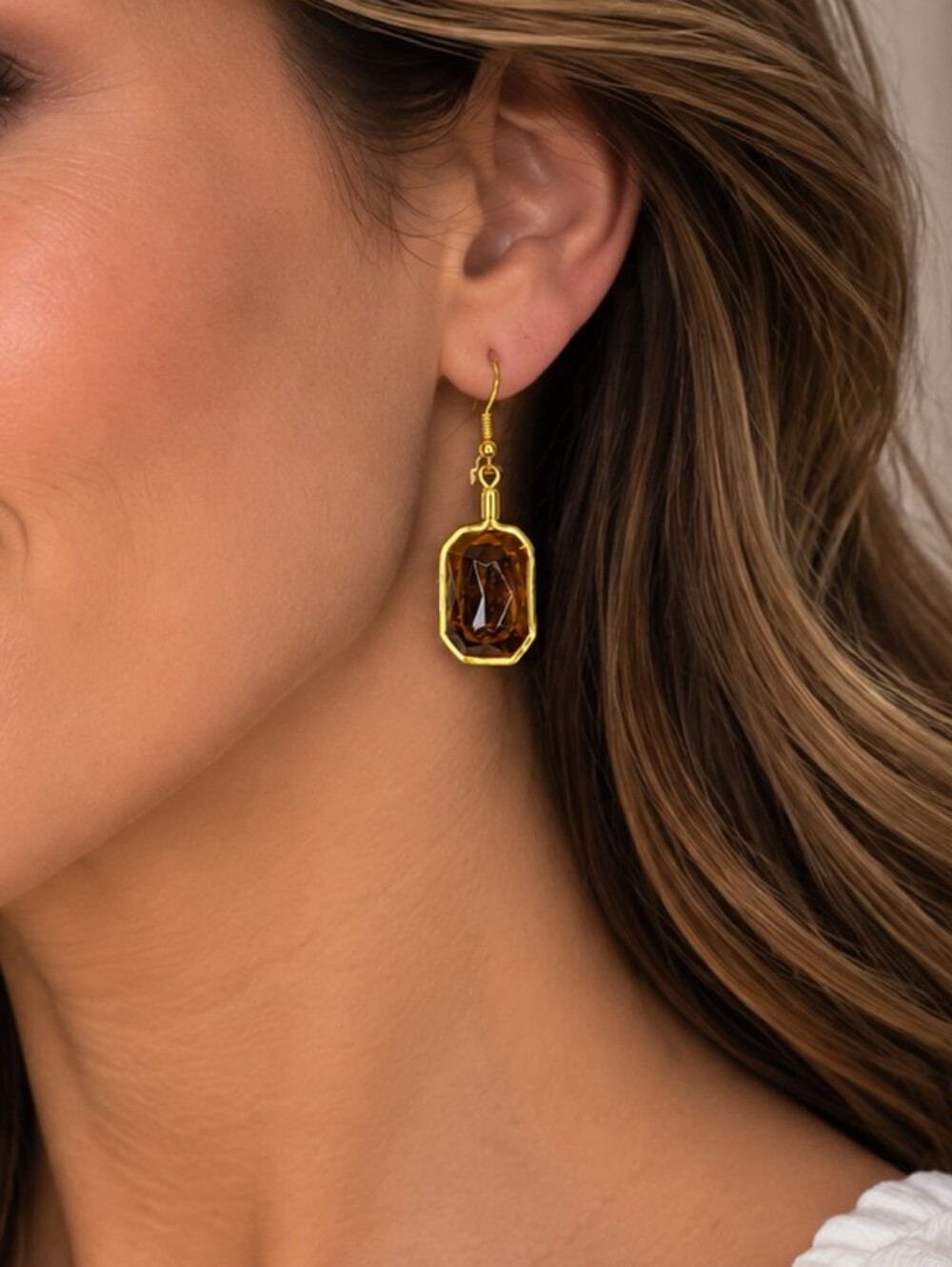 💎 Amber Brown Faceted Rectangle Dangle Earrings Gold Tone Drop Statement VGUC